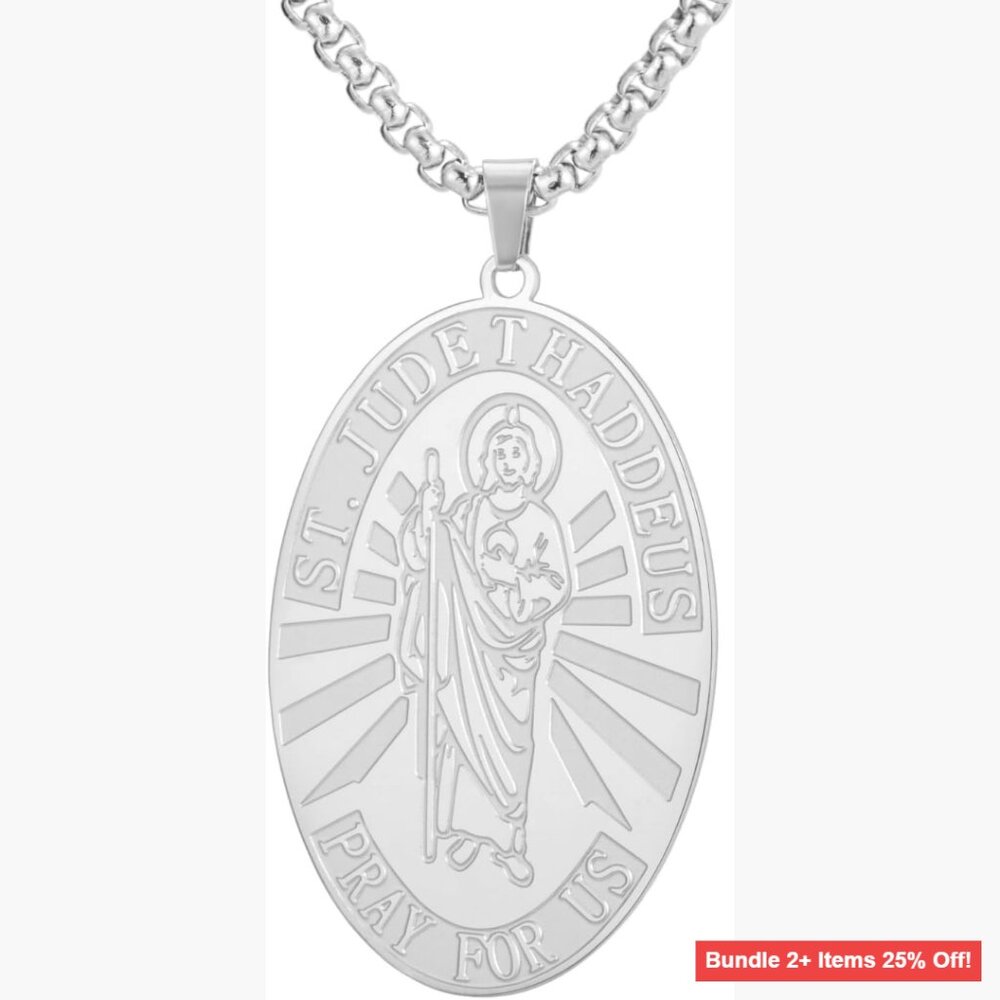 Stainless Steel Saint Jude Thaddeus Medal Necklace, 60cm Chain, Religious
